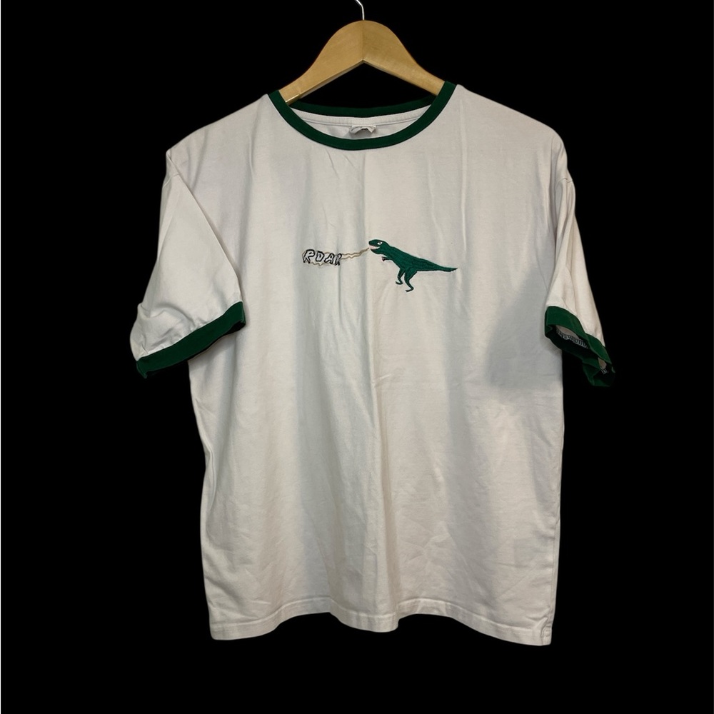 Queen Shop Dinosaur Embroidered Tee White Green Ringer L